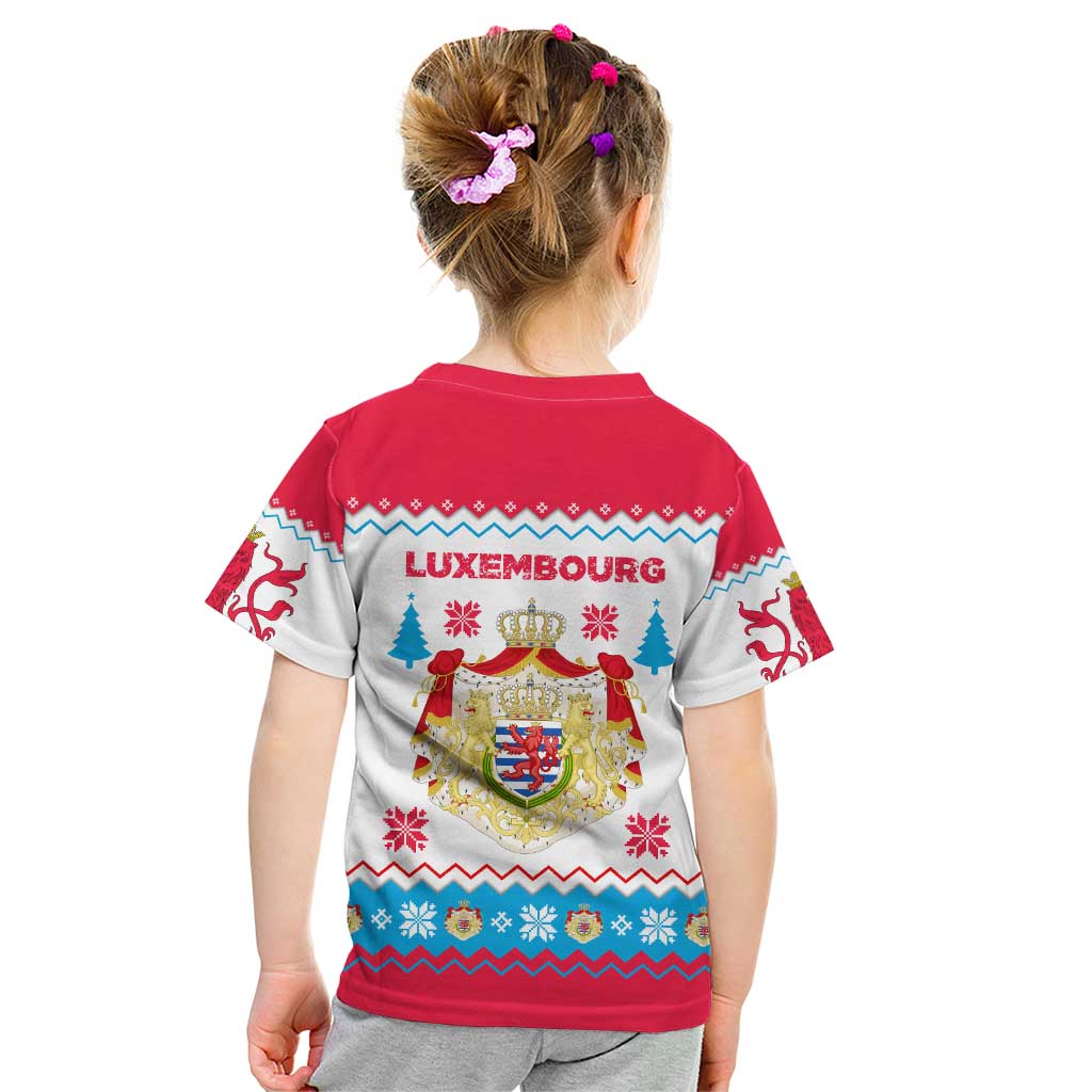 Luxembourg Christmas Kid T Shirt with Red Lion Crest and Snowflake Pattern