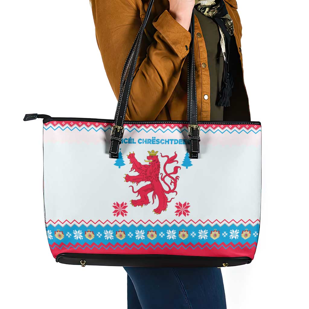 Luxembourg Christmas Leather Tote Bag with Red Lion Crest and Snowflake Pattern