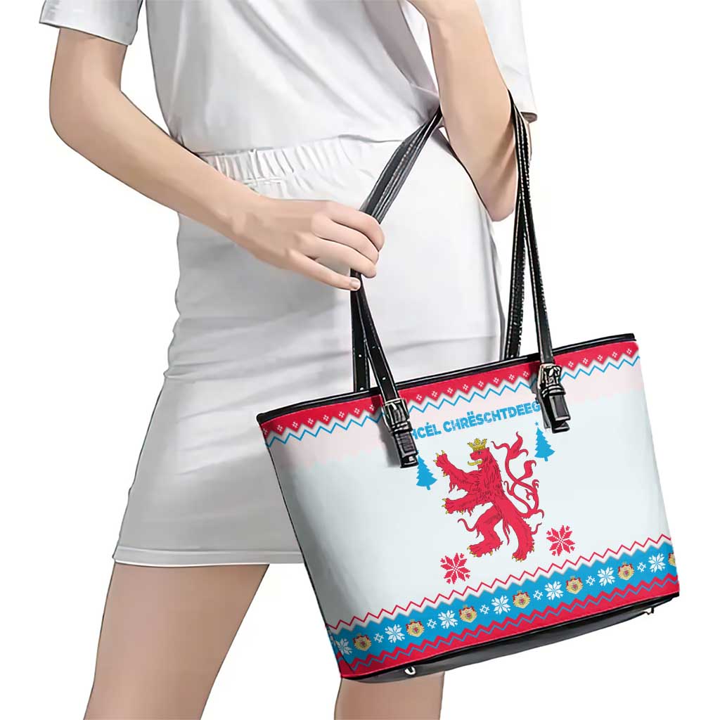 Luxembourg Christmas Leather Tote Bag with Red Lion Crest and Snowflake Pattern
