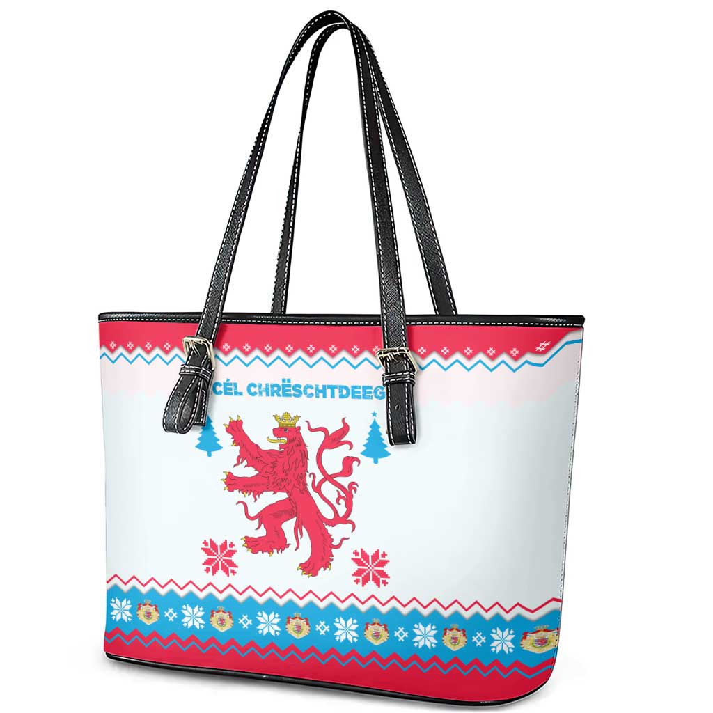 Luxembourg Christmas Leather Tote Bag with Red Lion Crest and Snowflake Pattern