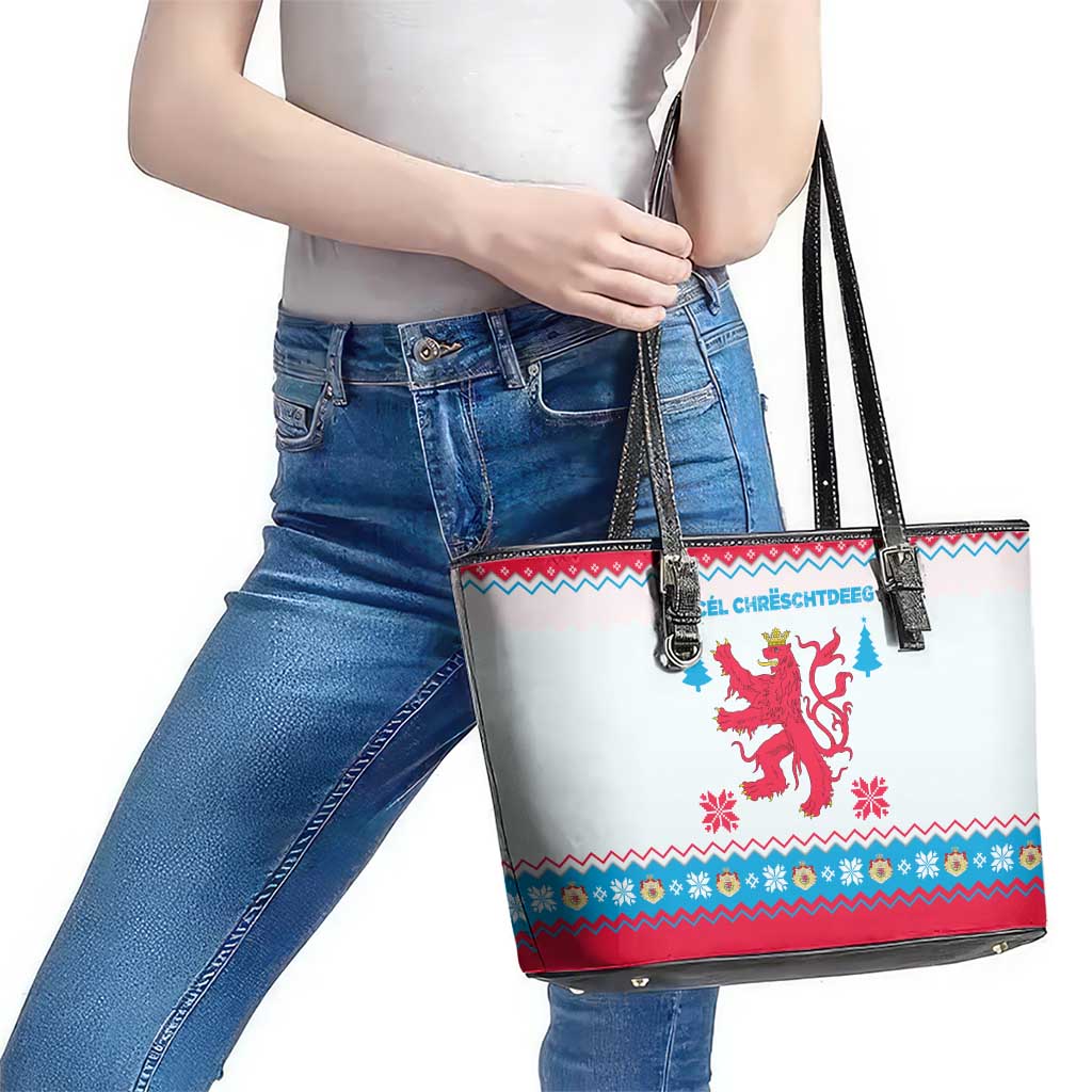 Luxembourg Christmas Leather Tote Bag with Red Lion Crest and Snowflake Pattern