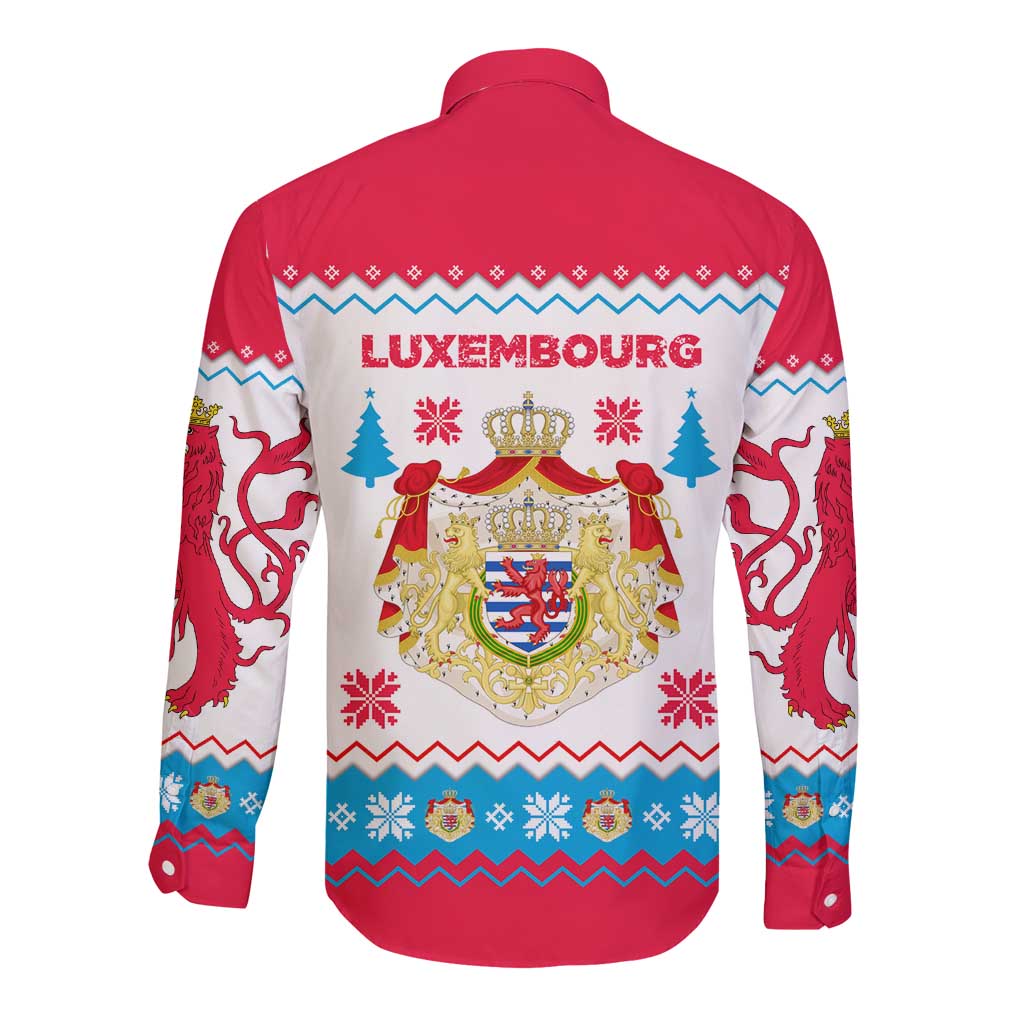 Luxembourg Christmas Long Sleeve Button Shirt with Red Lion Crest and Snowflake Pattern