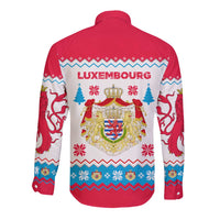 Luxembourg Christmas Long Sleeve Button Shirt with Red Lion Crest and Snowflake Pattern