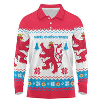 Luxembourg Christmas Long Sleeve Polo Shirt with Red Lion Crest and Snowflake Pattern