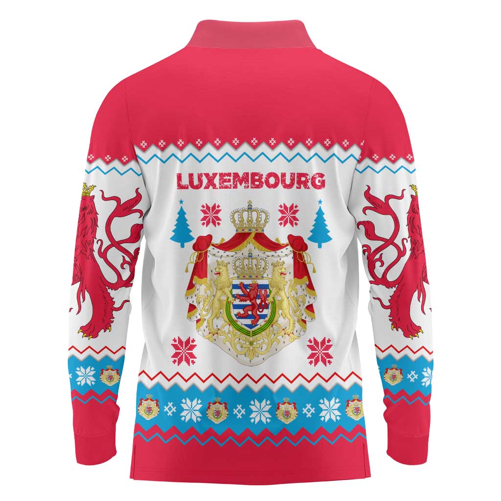 Luxembourg Christmas Long Sleeve Polo Shirt with Red Lion Crest and Snowflake Pattern