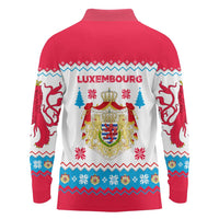 Luxembourg Christmas Long Sleeve Polo Shirt with Red Lion Crest and Snowflake Pattern