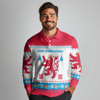 Luxembourg Christmas Long Sleeve Polo Shirt with Red Lion Crest and Snowflake Pattern