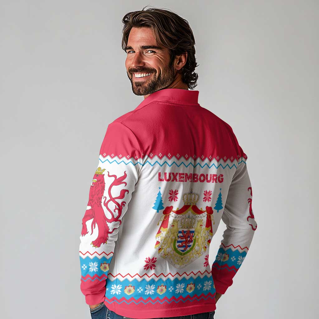 Luxembourg Christmas Long Sleeve Polo Shirt with Red Lion Crest and Snowflake Pattern