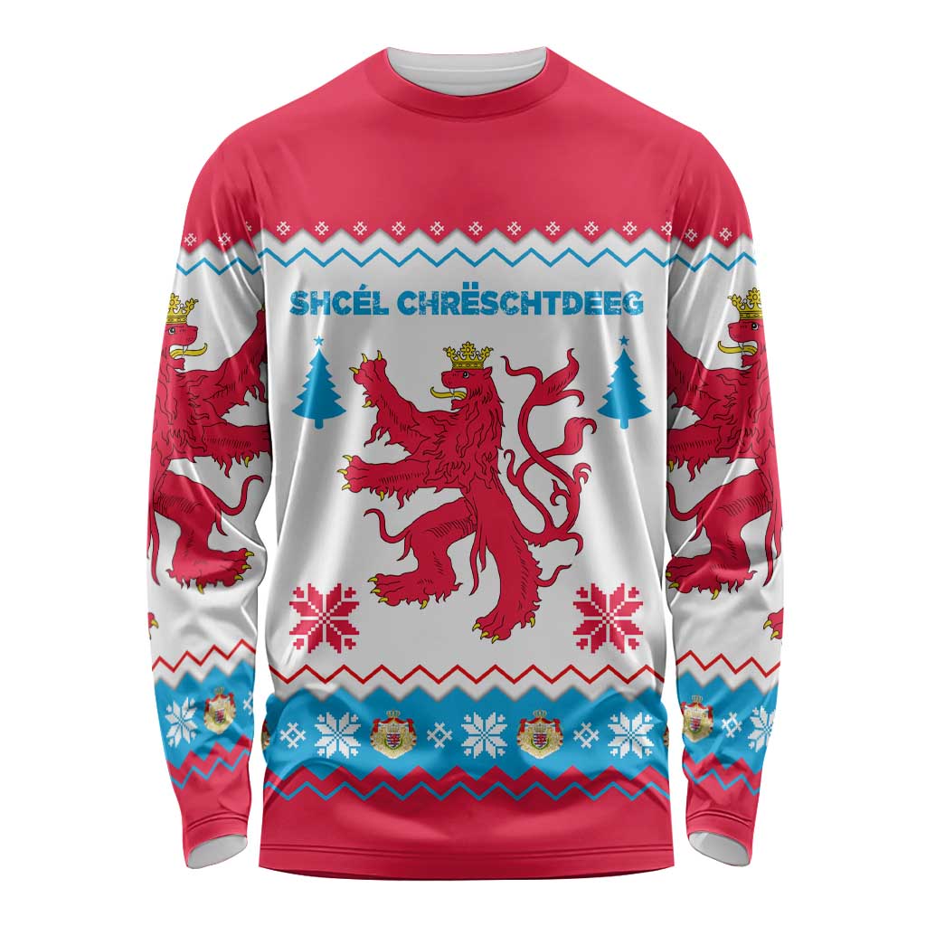 Luxembourg Christmas Long Sleeve Shirt with Red Lion Crest and Snowflake Pattern