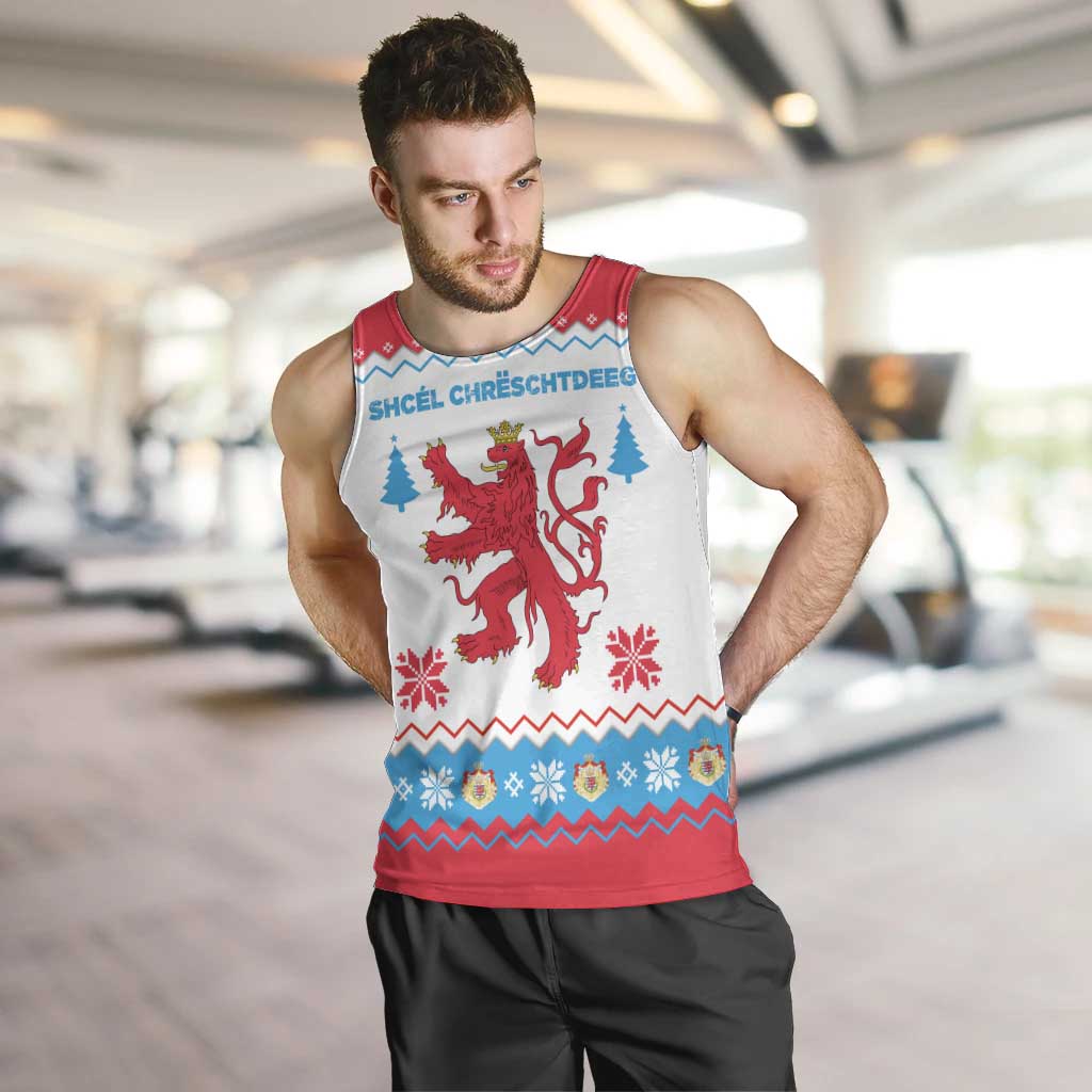 Luxembourg Christmas Men Tank Top with Red Lion Crest and Snowflake Pattern