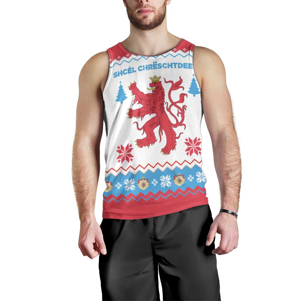 Luxembourg Christmas Men Tank Top with Red Lion Crest and Snowflake Pattern