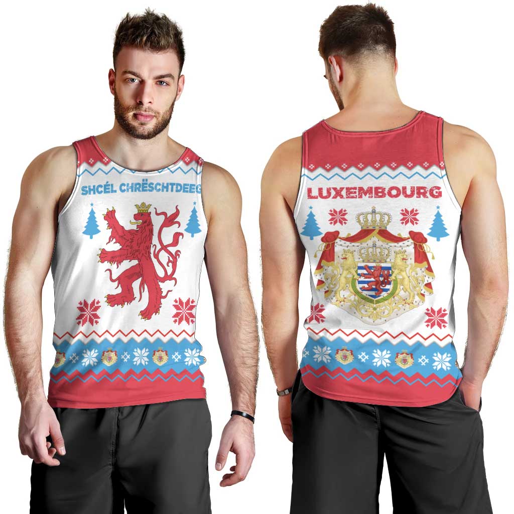 Luxembourg Christmas Men Tank Top with Red Lion Crest and Snowflake Pattern