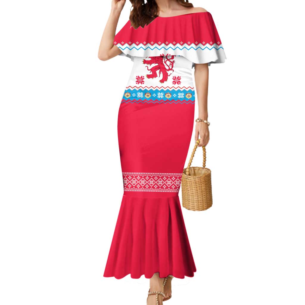 Luxembourg Christmas Mermaid Dress with Red Lion Crest and Snowflake Pattern