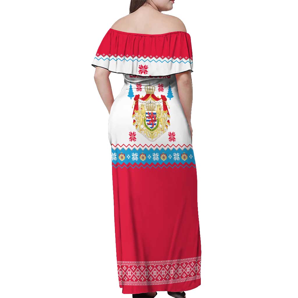 Luxembourg Christmas Off Shoulder Maxi Dress with Red Lion Crest and Snowflake Pattern