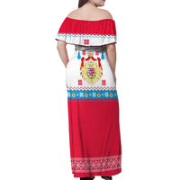 Luxembourg Christmas Off Shoulder Maxi Dress with Red Lion Crest and Snowflake Pattern