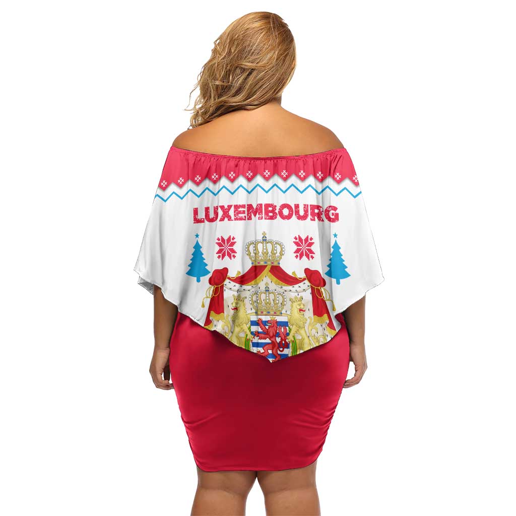 Luxembourg Christmas Off Shoulder Short Dress with Red Lion Crest and Snowflake Pattern