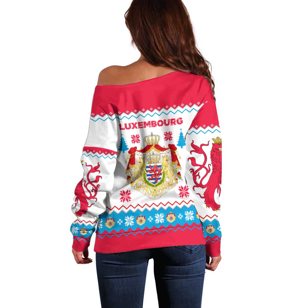 Luxembourg Christmas Off Shoulder Sweater with Red Lion Crest and Snowflake Pattern