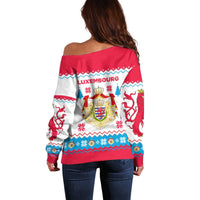 Luxembourg Christmas Off Shoulder Sweater with Red Lion Crest and Snowflake Pattern