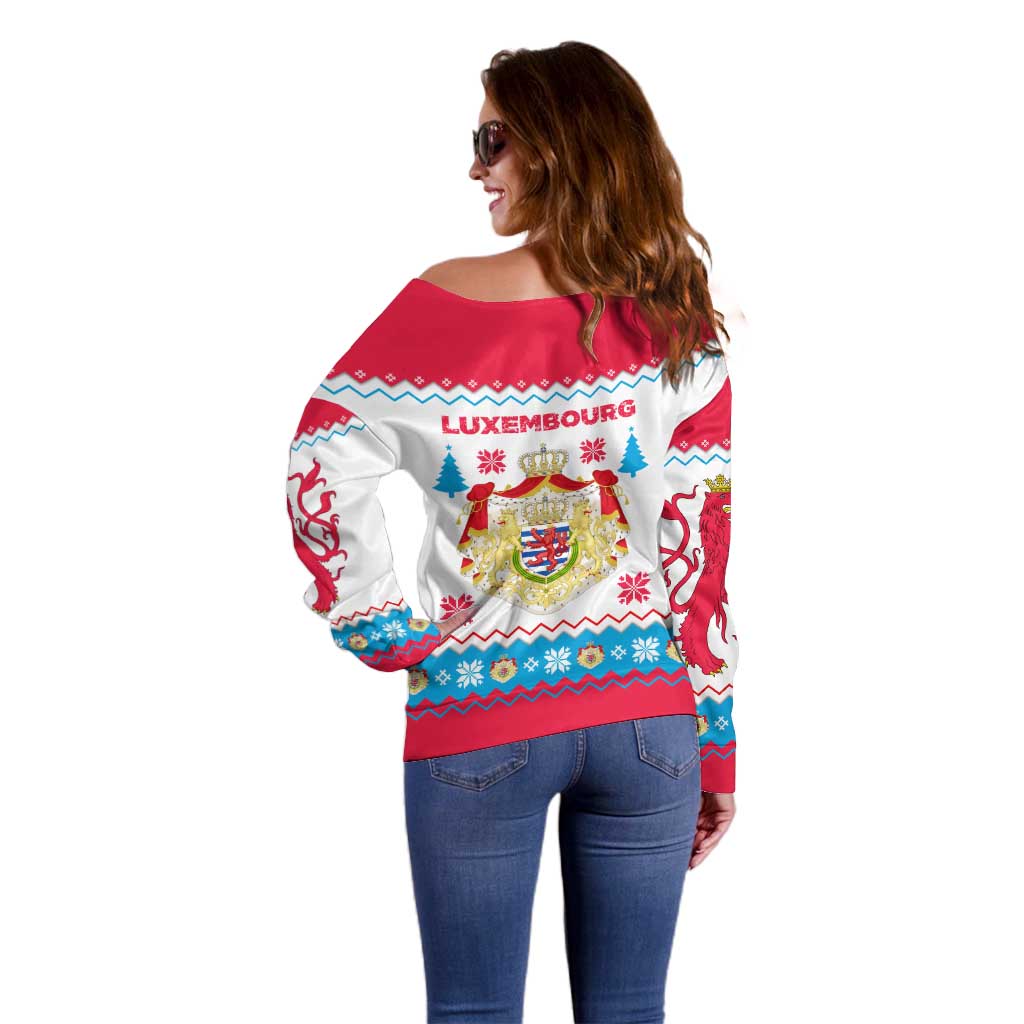 Luxembourg Christmas Off Shoulder Sweater with Red Lion Crest and Snowflake Pattern
