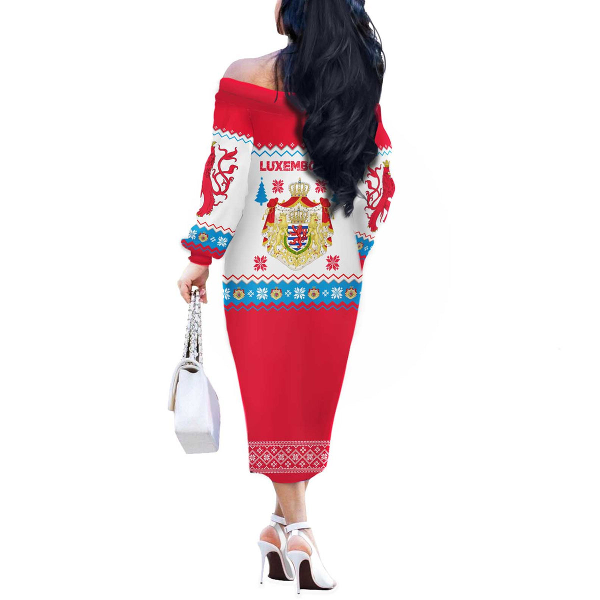 Luxembourg Christmas Off The Shoulder Long Sleeve Dress with Red Lion Crest and Snowflake Pattern