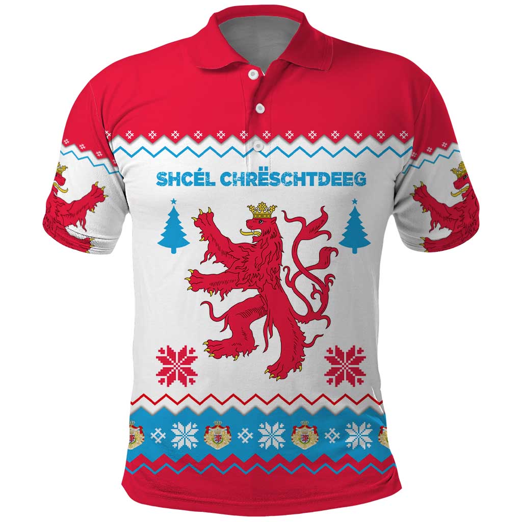 Luxembourg Christmas Polo Shirt with Red Lion Crest and Snowflake Pattern