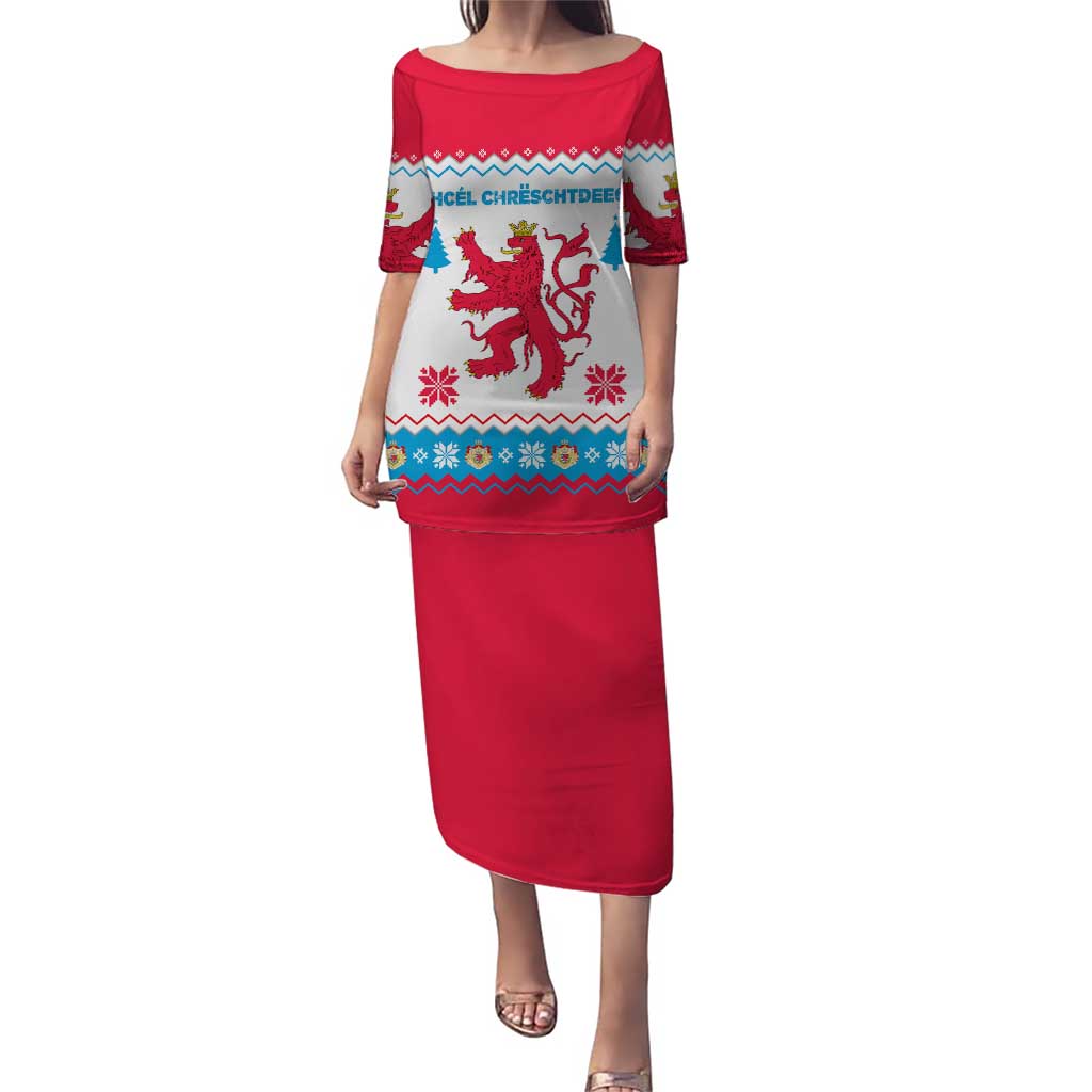 Luxembourg Christmas Puletasi with Red Lion Crest and Snowflake Pattern