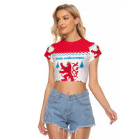 Luxembourg Christmas Raglan Cropped T Shirt with Red Lion Crest and Snowflake Pattern