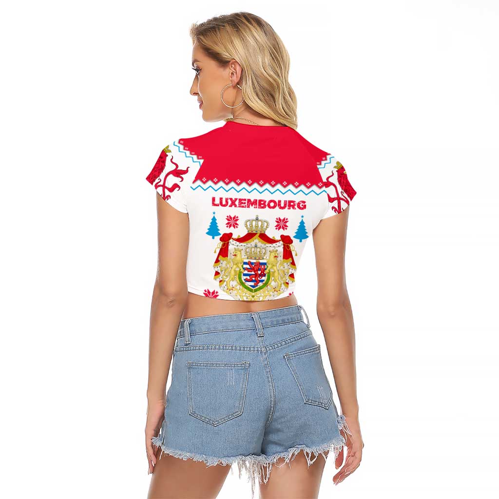 Luxembourg Christmas Raglan Cropped T Shirt with Red Lion Crest and Snowflake Pattern