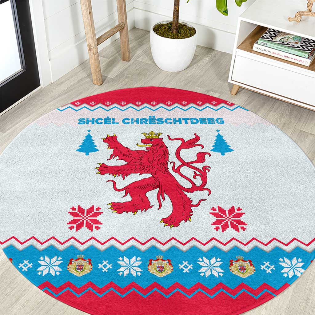 Luxembourg Christmas Round Carpet with Red Lion Crest and Snowflake Pattern