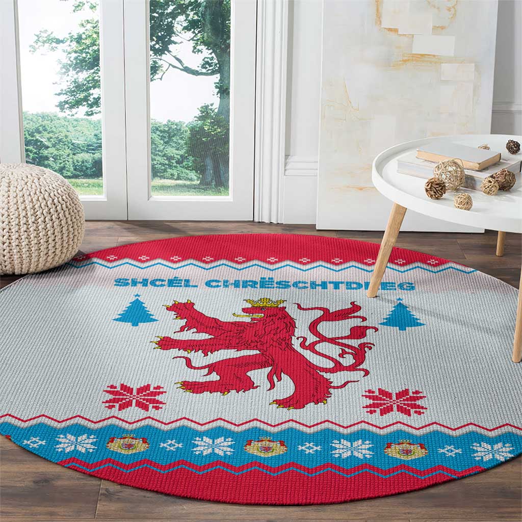 Luxembourg Christmas Round Carpet with Red Lion Crest and Snowflake Pattern