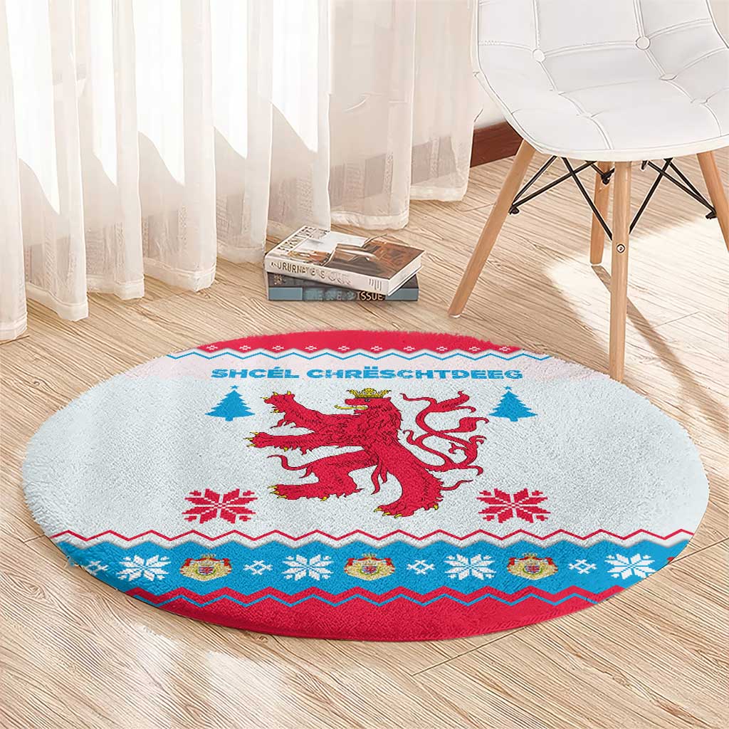 Luxembourg Christmas Round Carpet with Red Lion Crest and Snowflake Pattern