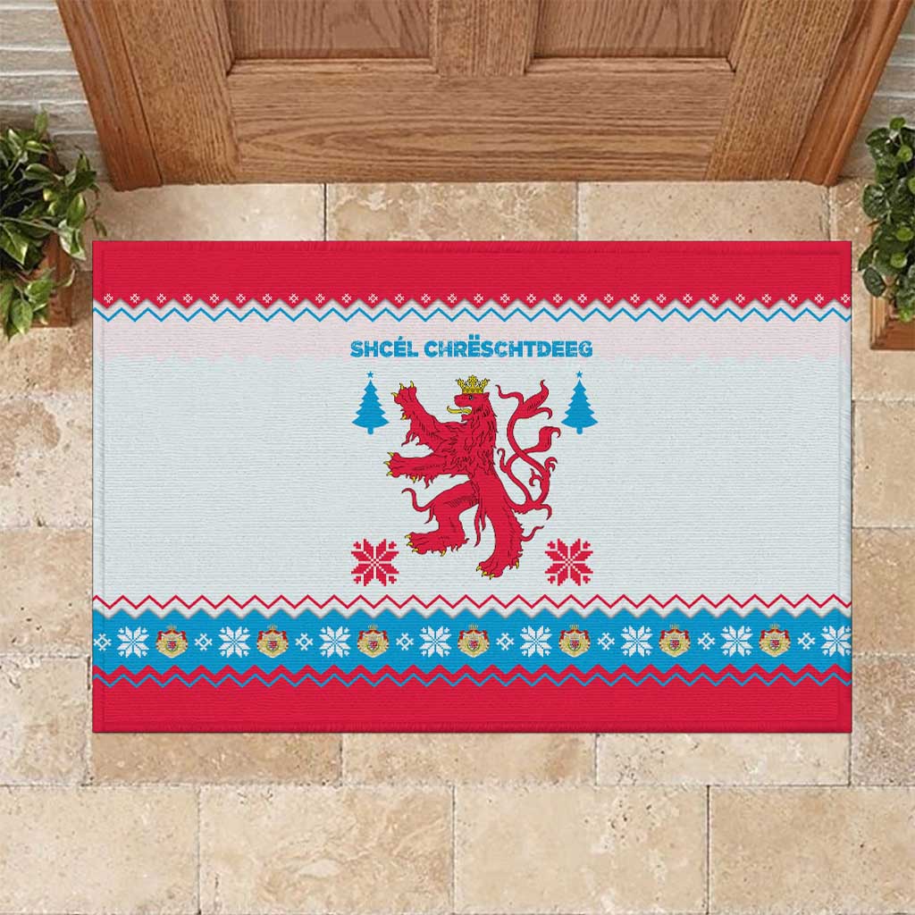 Luxembourg Christmas Rubber Doormat with Red Lion Crest and Snowflake Pattern