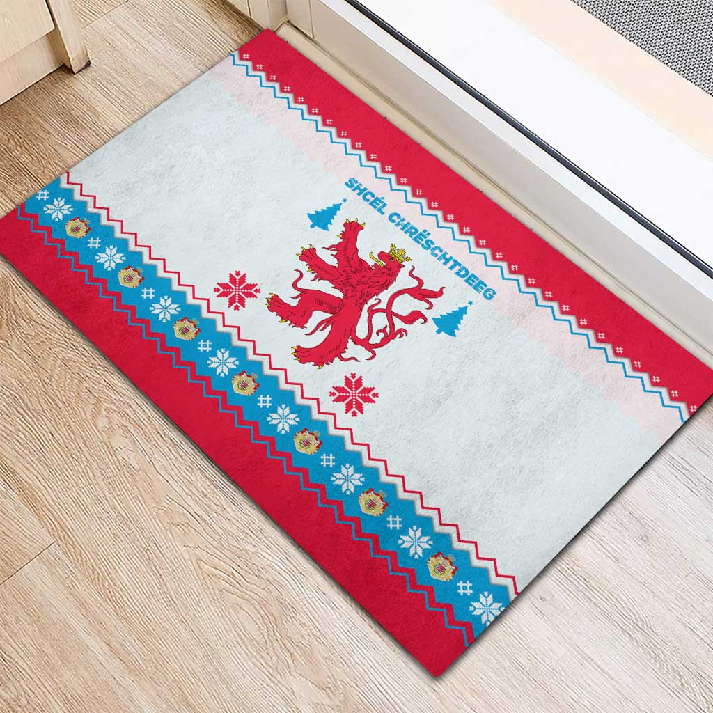 Luxembourg Christmas Rubber Doormat with Red Lion Crest and Snowflake Pattern