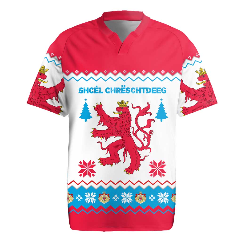 Luxembourg Christmas Rugby Jersey with Red Lion Crest and Snowflake Pattern