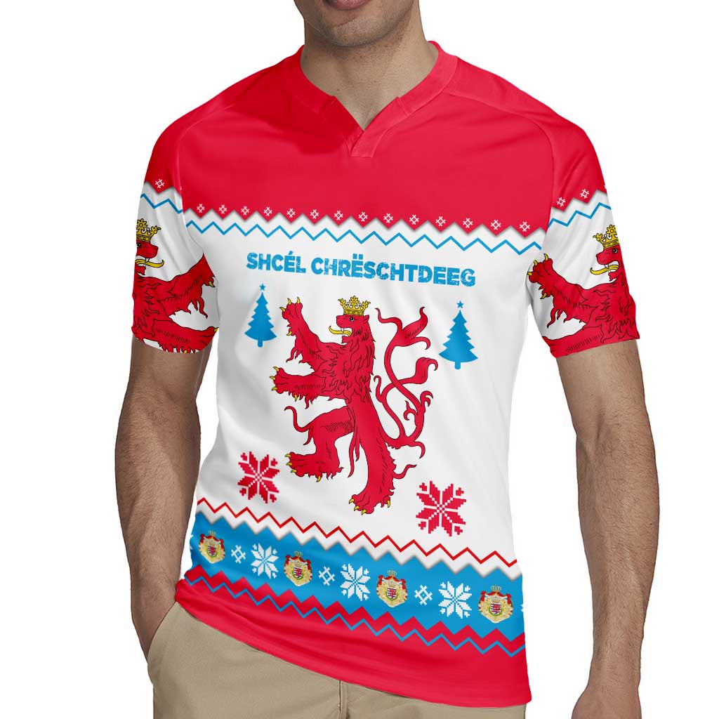 Luxembourg Christmas Rugby Jersey with Red Lion Crest and Snowflake Pattern