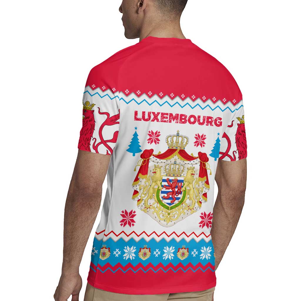 Luxembourg Christmas Rugby Jersey with Red Lion Crest and Snowflake Pattern