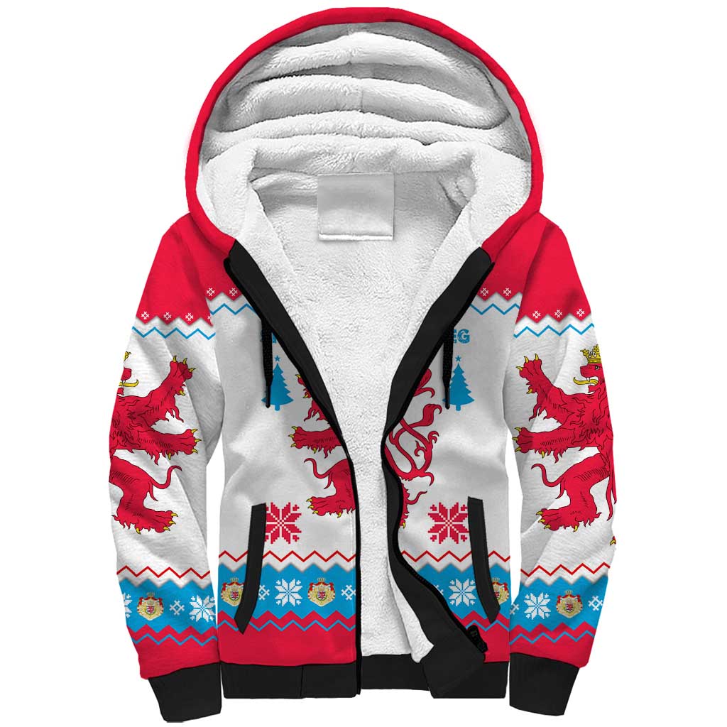 Luxembourg Christmas Sherpa Hoodie with Red Lion Crest and Snowflake Pattern