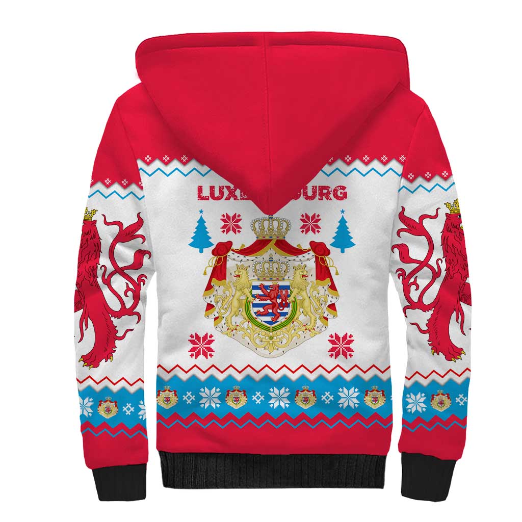 Luxembourg Christmas Sherpa Hoodie with Red Lion Crest and Snowflake Pattern