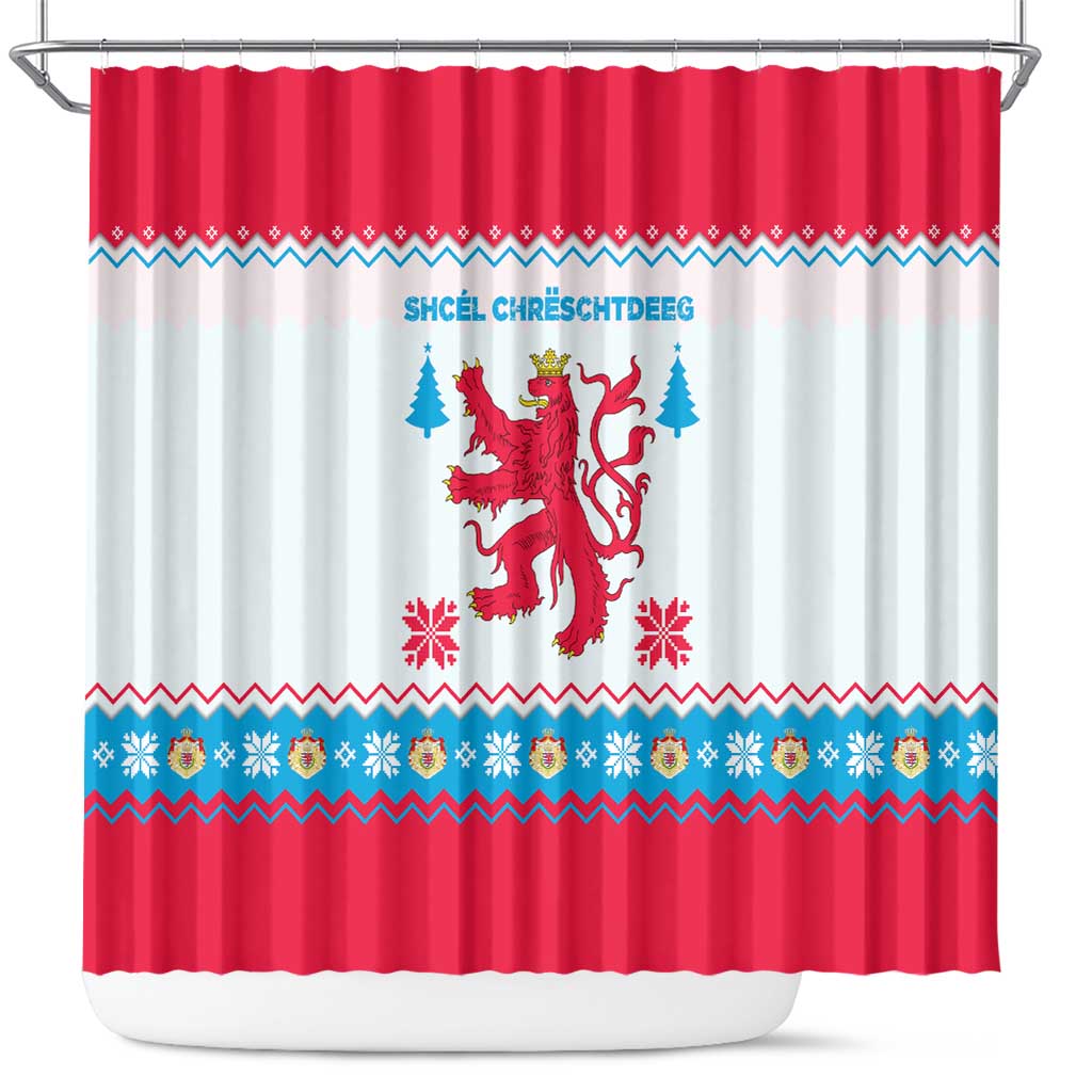 Luxembourg Christmas Shower Curtain with Red Lion Crest and Snowflake Pattern