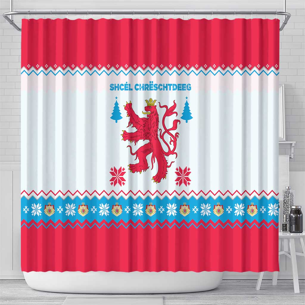 Luxembourg Christmas Shower Curtain with Red Lion Crest and Snowflake Pattern
