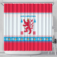 Luxembourg Christmas Shower Curtain with Red Lion Crest and Snowflake Pattern