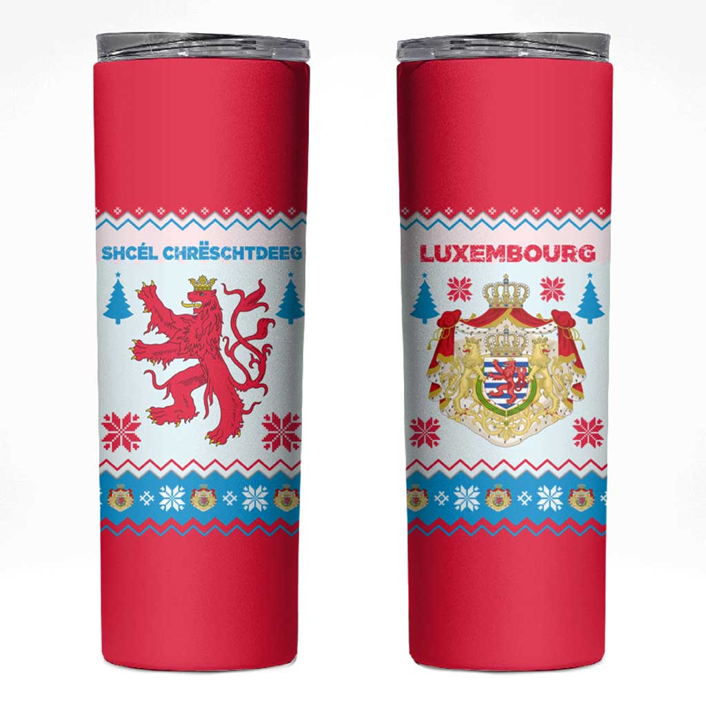 Luxembourg Christmas Skinny Tumbler with Red Lion Crest and Snowflake Pattern
