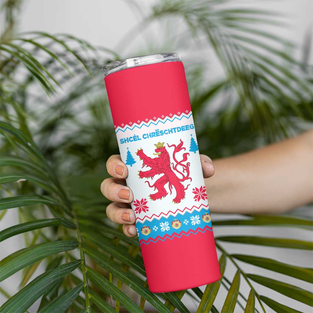 Luxembourg Christmas Skinny Tumbler with Red Lion Crest and Snowflake Pattern