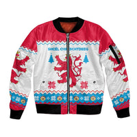 Luxembourg Christmas Sleeve Zip Bomber Jacket with Red Lion Crest and Snowflake Pattern