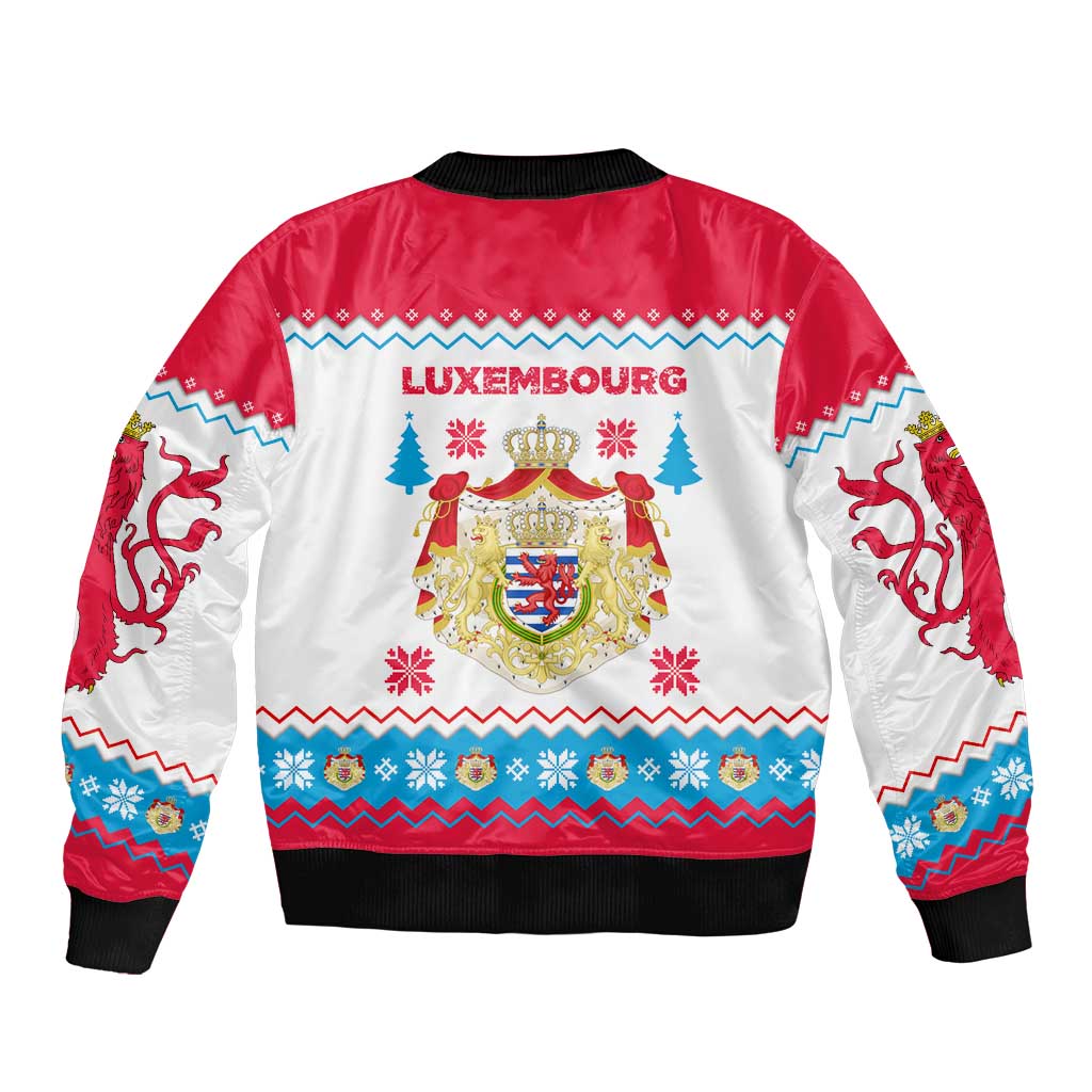 Luxembourg Christmas Sleeve Zip Bomber Jacket with Red Lion Crest and Snowflake Pattern