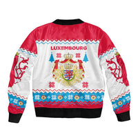 Luxembourg Christmas Sleeve Zip Bomber Jacket with Red Lion Crest and Snowflake Pattern