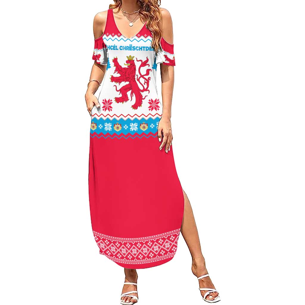 Luxembourg Christmas Summer Maxi Dress with Red Lion Crest and Snowflake Pattern