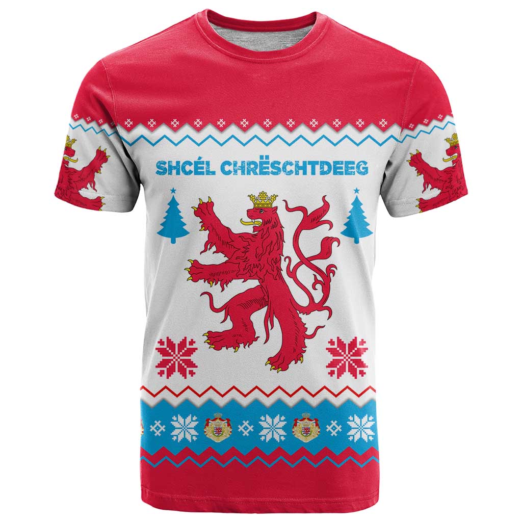 Luxembourg Christmas T Shirt with Red Lion Crest and Snowflake Pattern