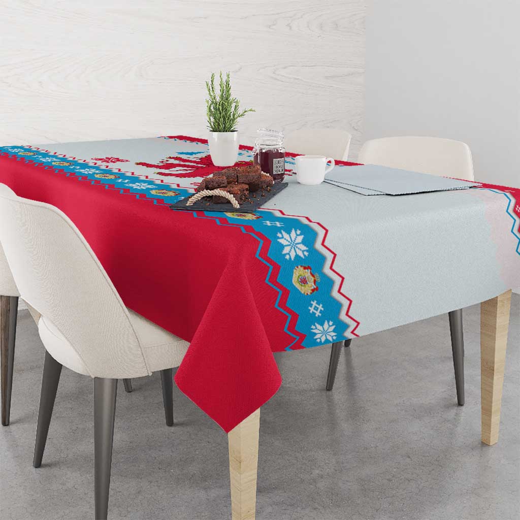 Luxembourg Christmas Tablecloth with Red Lion Crest and Snowflake Pattern