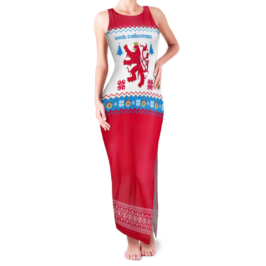 Luxembourg Christmas Tank Maxi Dress with Red Lion Crest and Snowflake Pattern